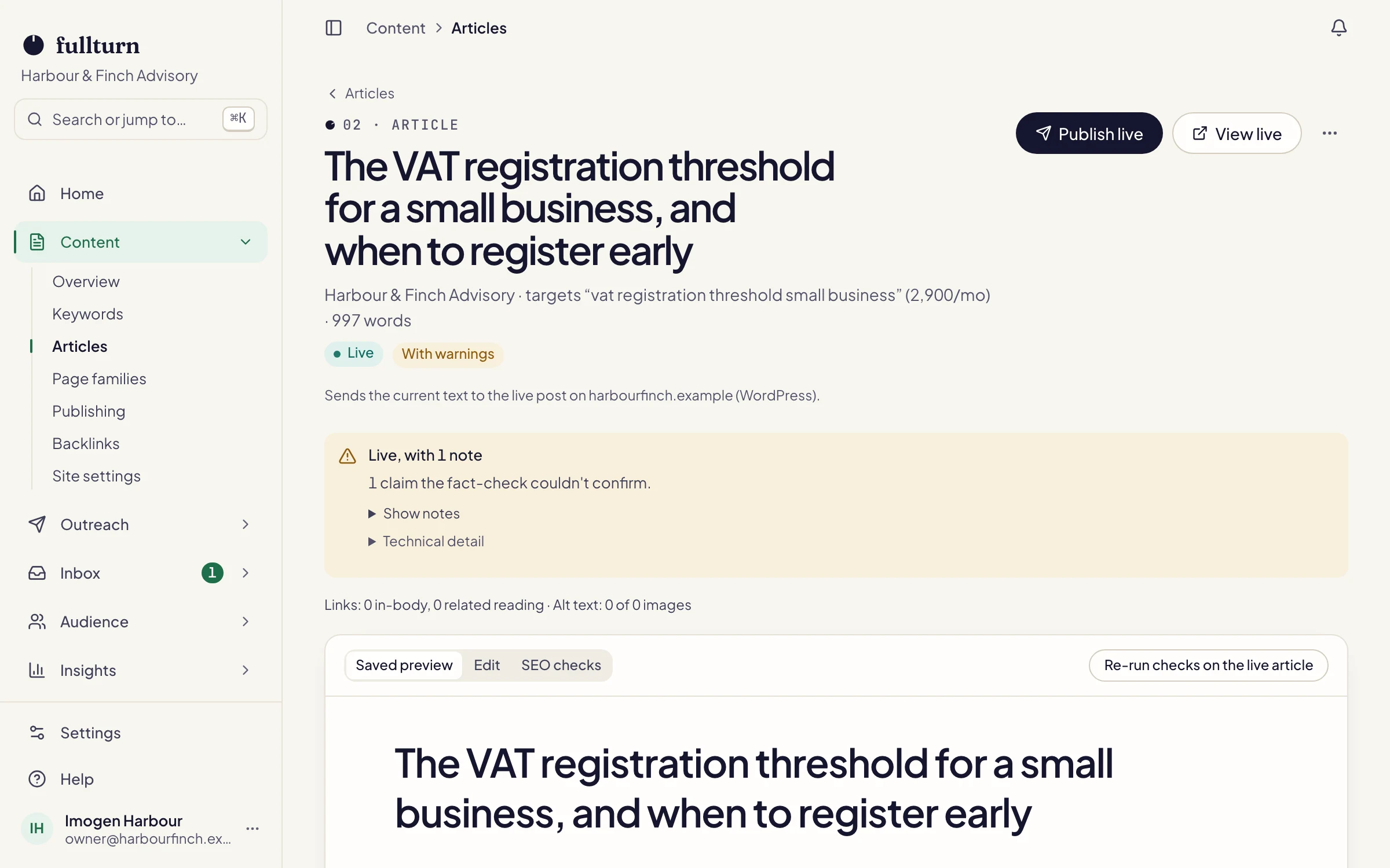 Screenshot of the Fullturn app: a published article with its scores, its sources and its search appearance.
