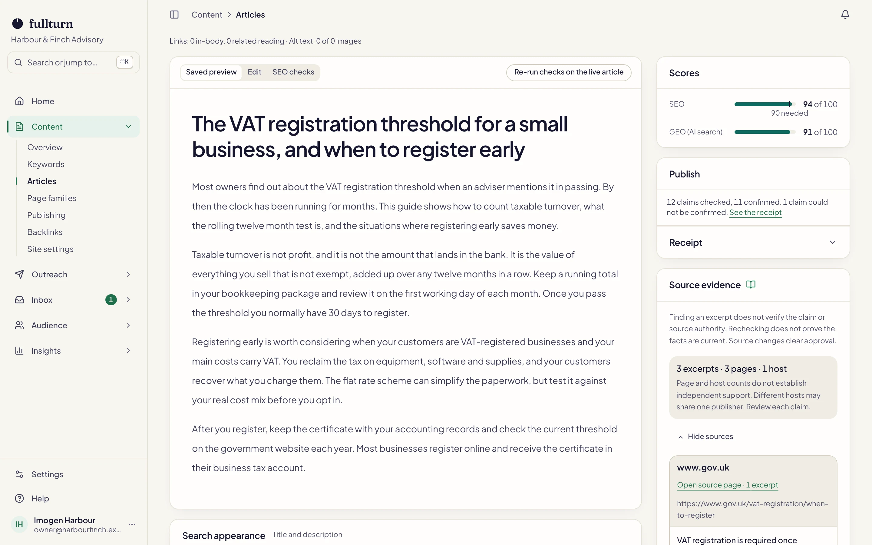 Screenshot of the Articles screen in Fullturn.