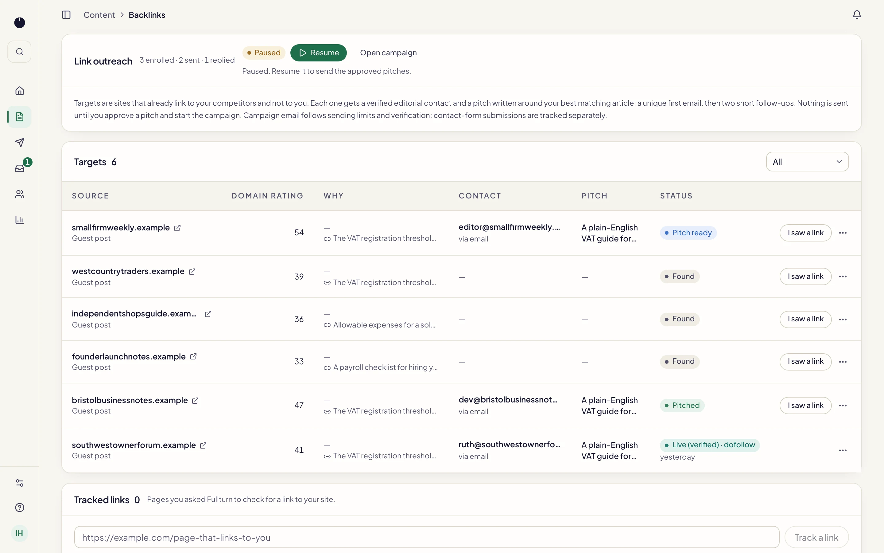 Screenshot of the Backlinks screen in Fullturn.