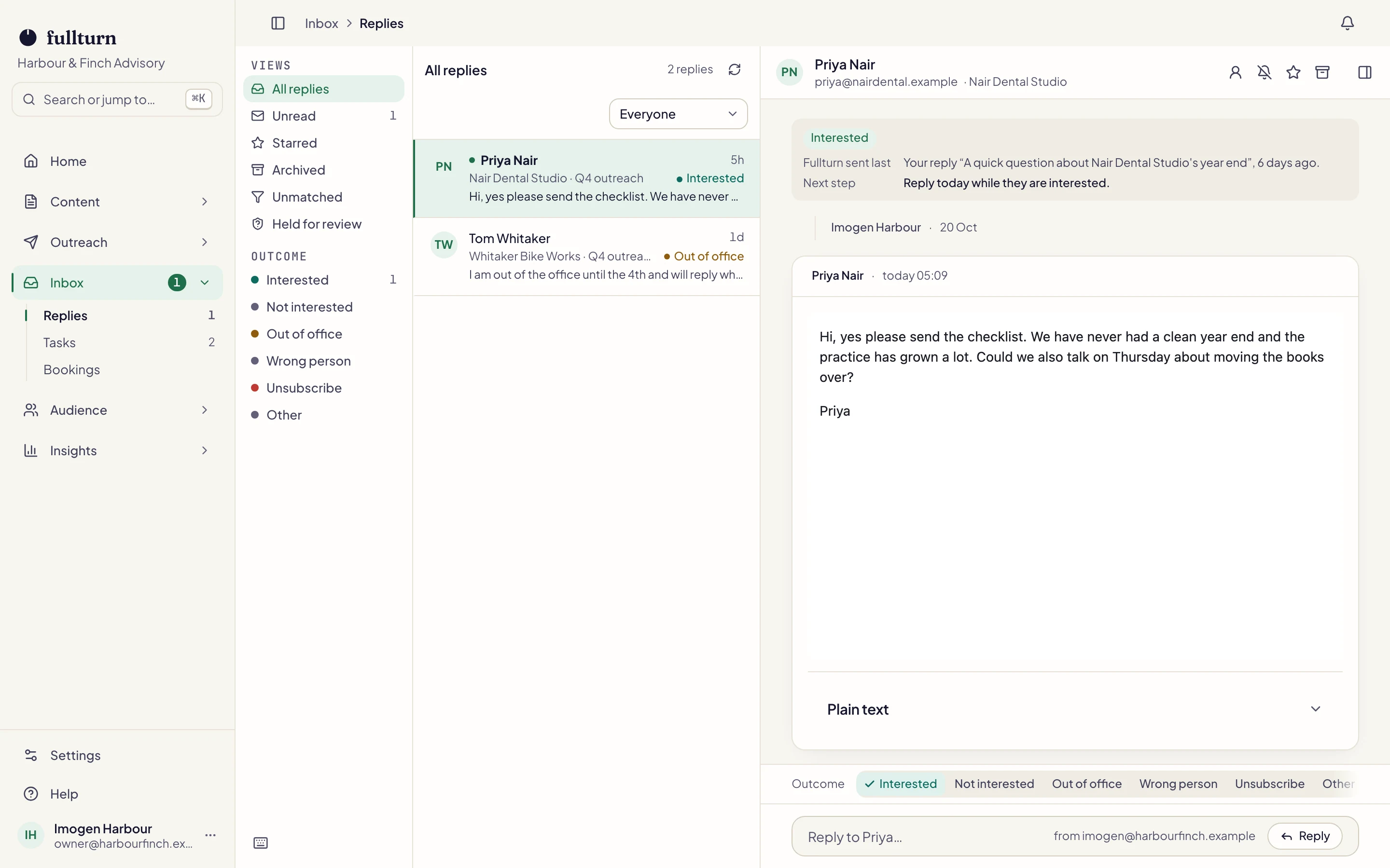 Screenshot of the Inbox screen in Fullturn.