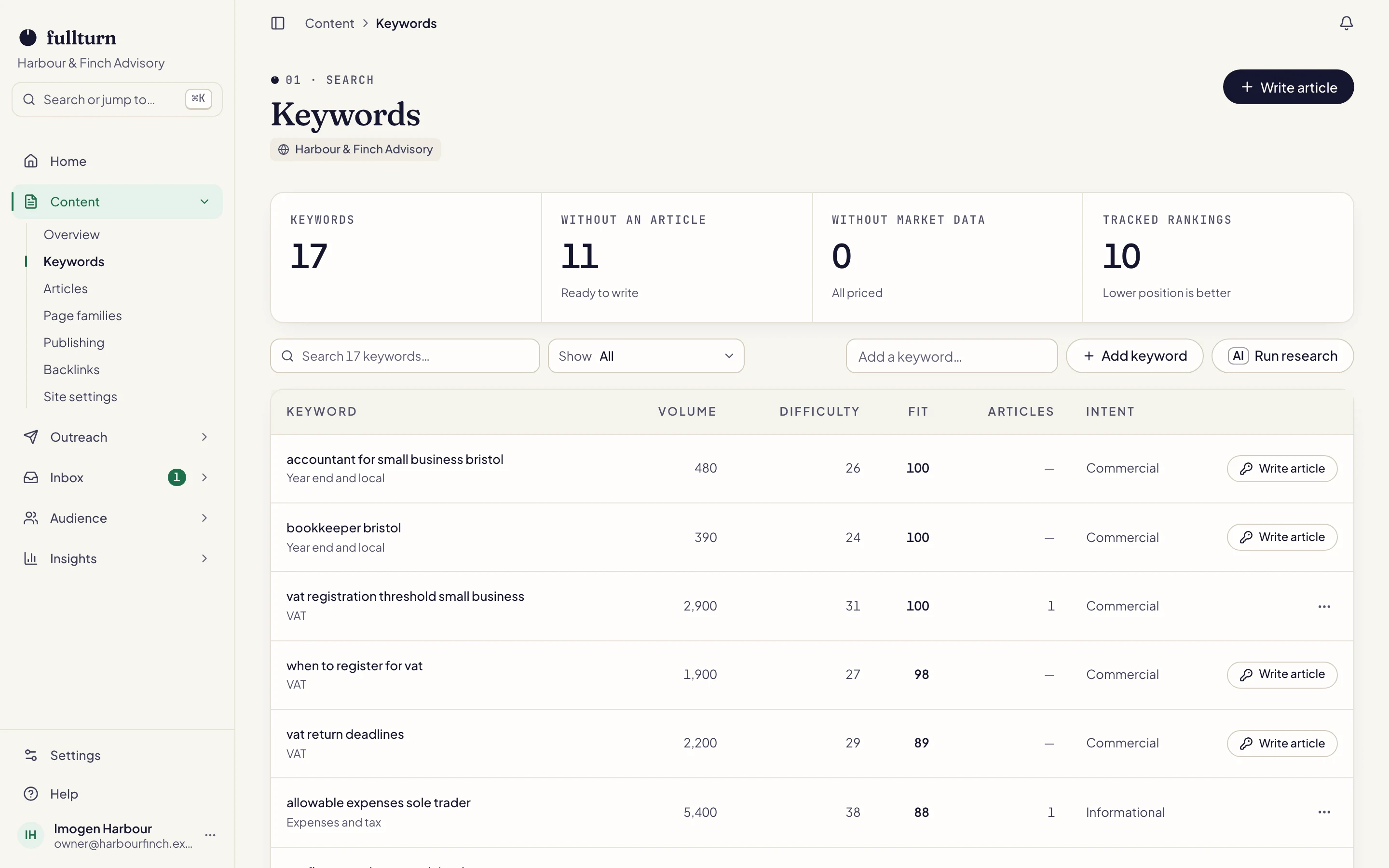 Screenshot of the Search screen in Fullturn.