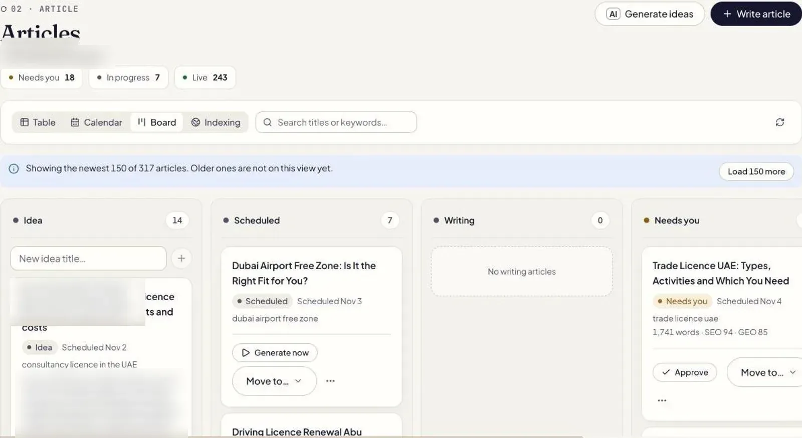 Screenshot of the Fullturn app: the articles board, 243 live, 7 in progress, 18 needing a person.