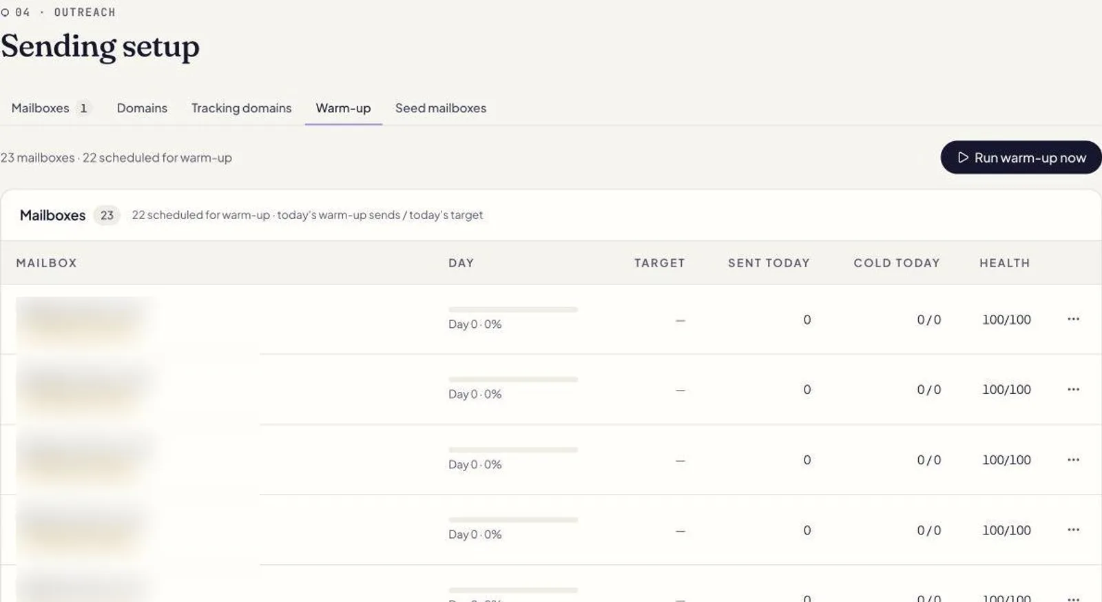 Screenshot of the Fullturn app: the warm-up screen, 23 mailboxes, mailbox names blurred.