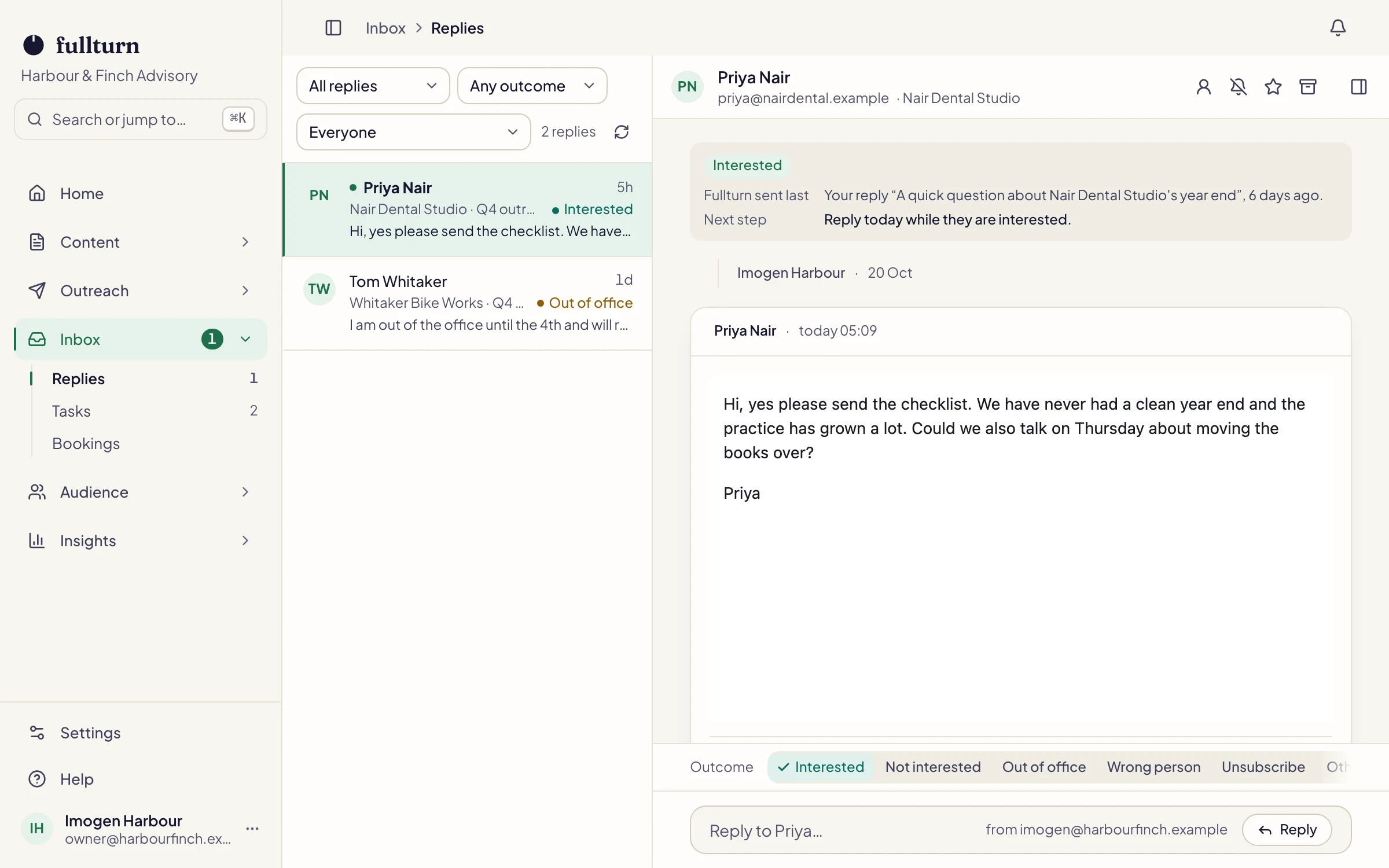 Screenshot of the Fullturn app: the inbox with a classified reply and its task.