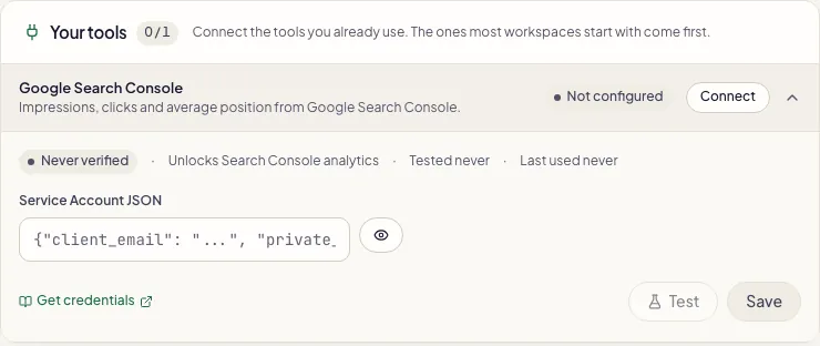 Fullturn Settings, Integrations with the Google Search Console card