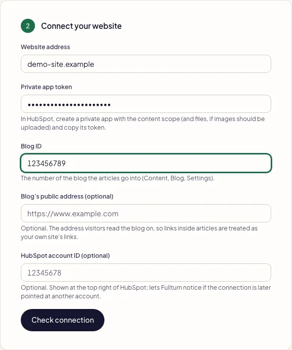 Fullturn HubSpot connection form with token and blog ID