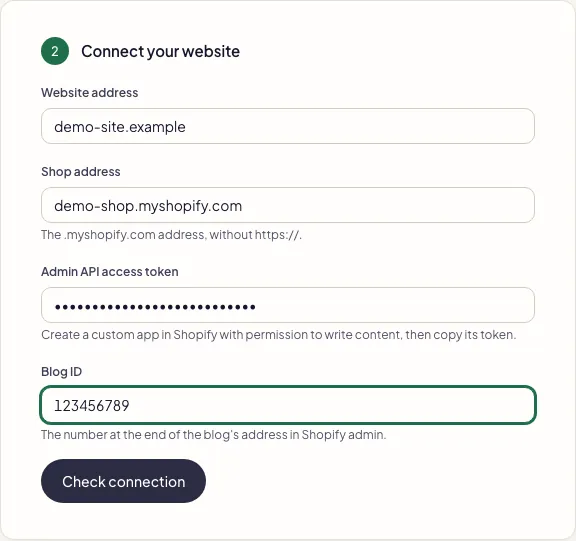 Fullturn Shopify connection form with shop address, token and blog ID