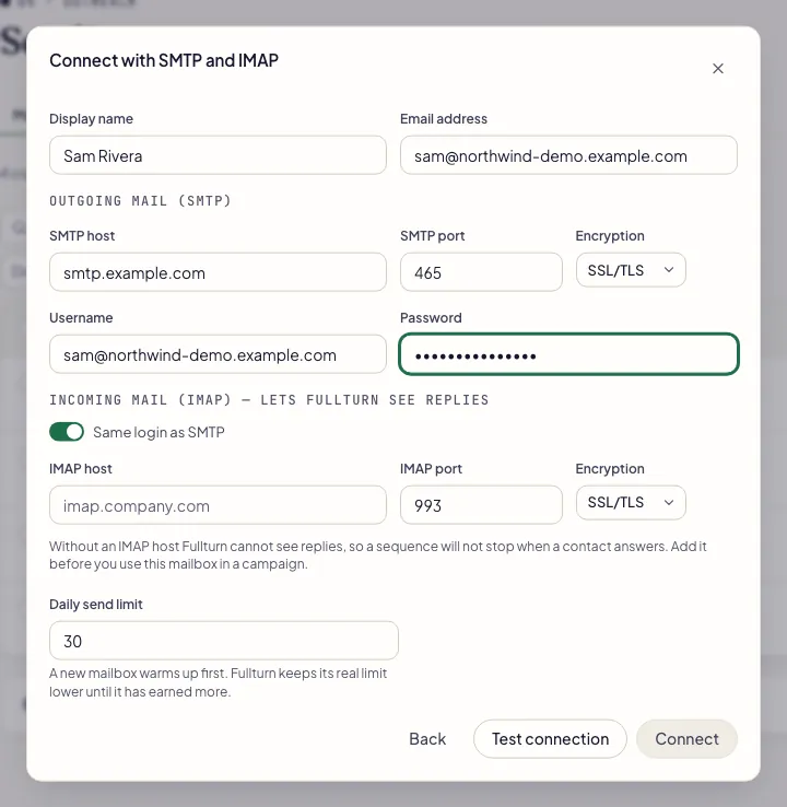 Fullturn SMTP / IMAP form with the outgoing server filled in