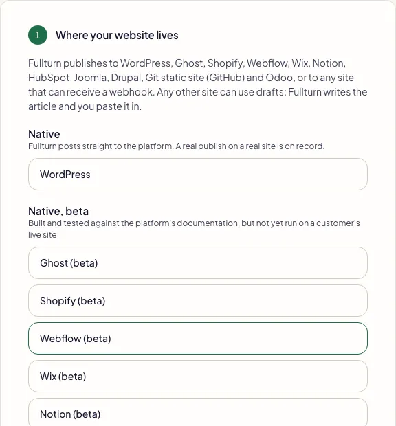 Fullturn Set up your website with Webflow (beta) chosen