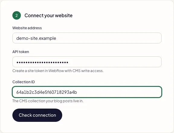 Fullturn Webflow connection form with API token and Collection ID
