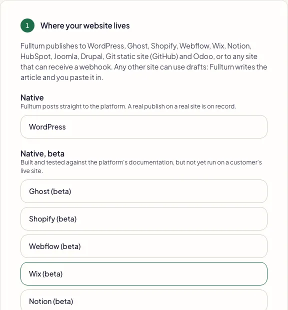 Fullturn Set up your website with Wix (beta) chosen
