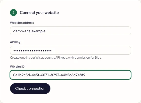 Fullturn Wix connection form with API key and Wix site ID boxes