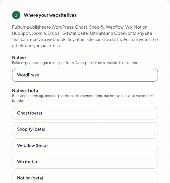 Fullturn Set up your website, step 1 with WordPress chosen
