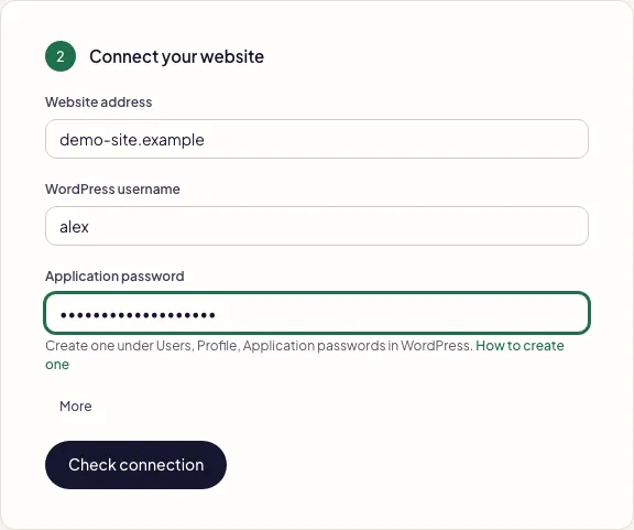 Fullturn WordPress connection form with Check connection