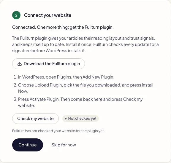 Fullturn plugin panel with the three WordPress steps