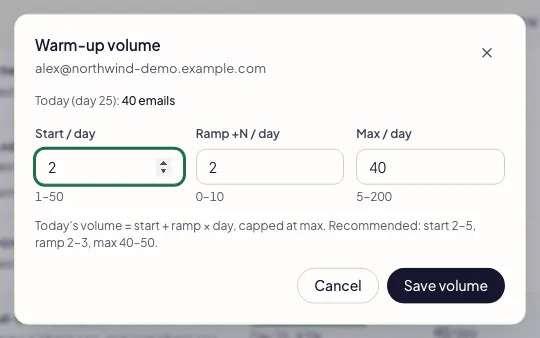 Fullturn Warm-up volume editor with Start, Ramp and Max