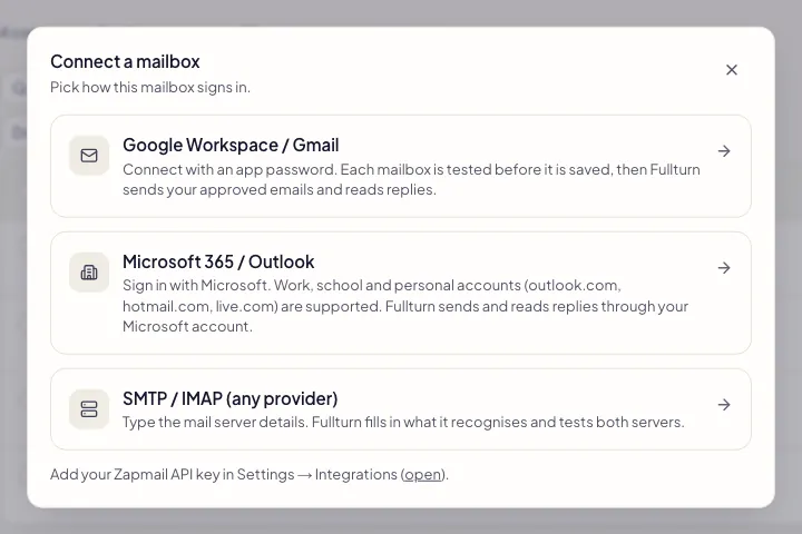 Fullturn Connect a mailbox dialog with the Google Workspace / Gmail tile