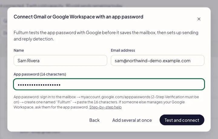 Fullturn app password form filled in with the Test and connect button