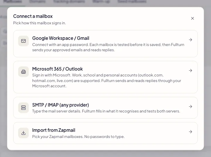 Fullturn Connect a mailbox dialog with the Import from Zapmail tile