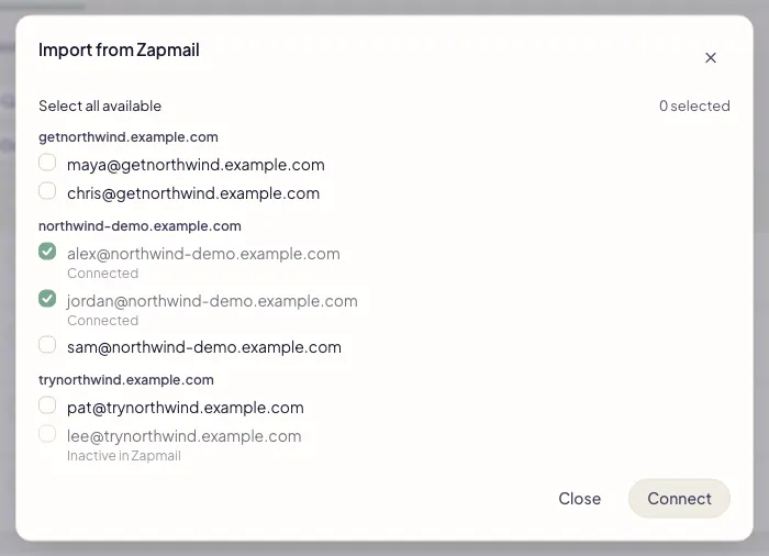 Fullturn Import from Zapmail dialog with mailboxes grouped by domain