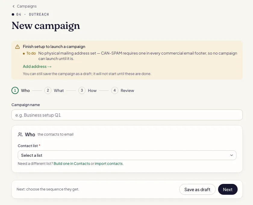 Fullturn new campaign page with the four steps Who, What, How, Review