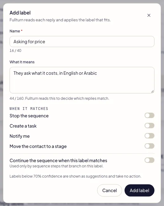 Fullturn reply label editor with name and meaning