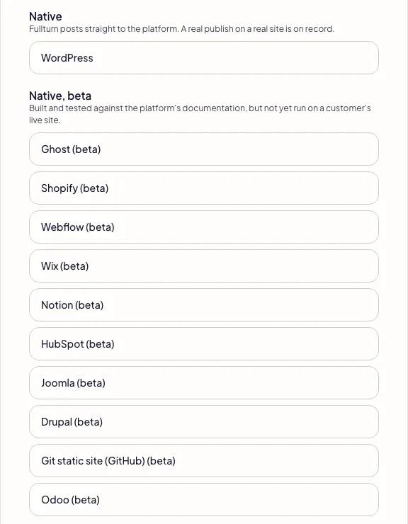 Fullturn platform picker with WordPress and beta platforms